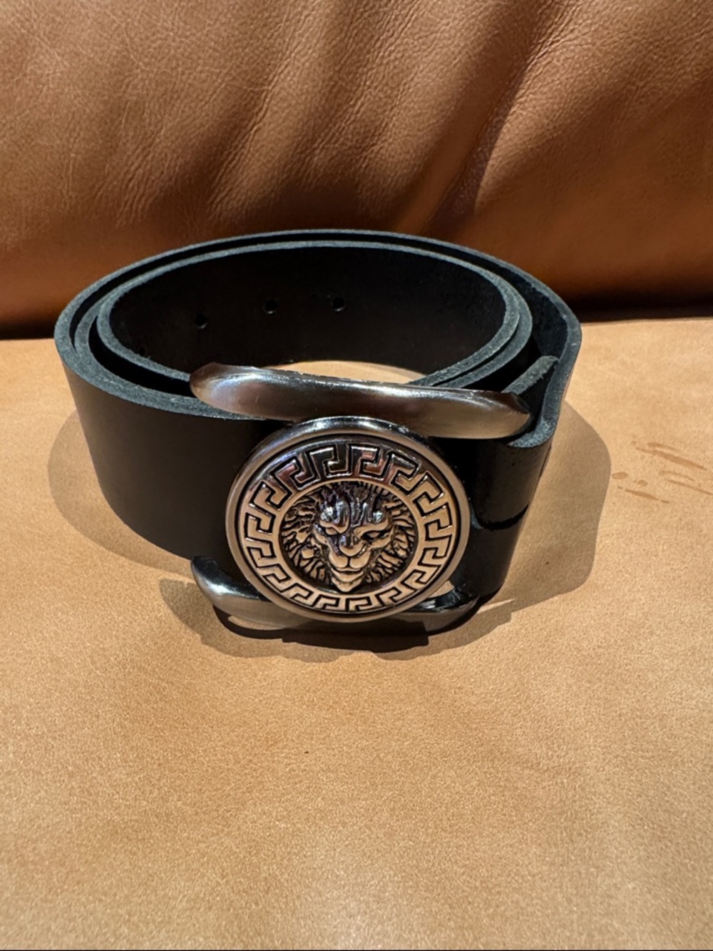 Black Leather Men’s Belt with Lion Medallion Buckle